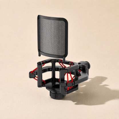 Joltbrace – Black shock mount with red suspension cords and mesh pop filter on a beige background, seen from a slight angle