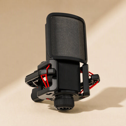 Joltbrace – Rear view of the bracket holding a microphone, with ribbed body and threaded base ring visible