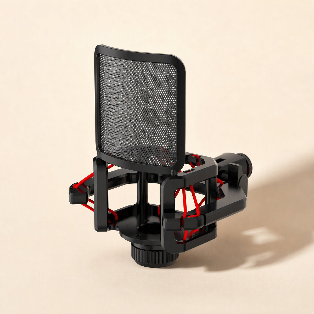 Joltbrace – Side angle of the black bracket with red bands and curved mesh pop filter, casting a soft shadow