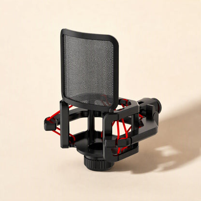 Joltbrace – Side angle of the black bracket with red bands and curved mesh pop filter, casting a soft shadow