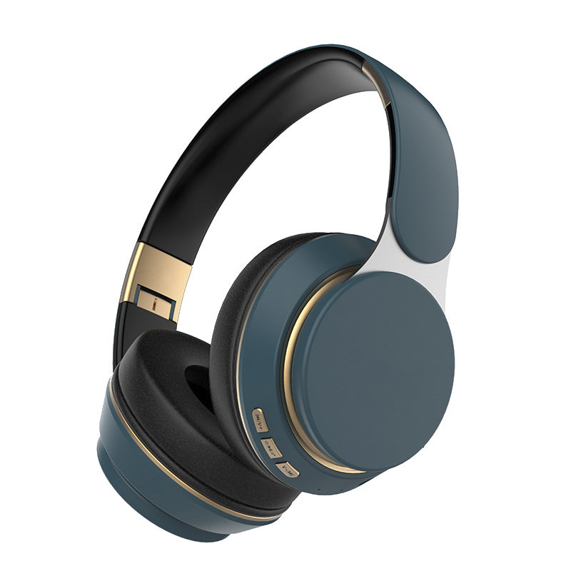Headtone Bluetooth headset in slate blue with gold accents, three-quarter view on white background