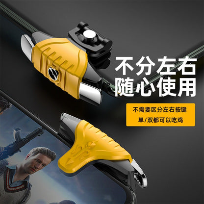 Buzzwake – Yellow trigger clipped to a phone's top edge, a second yellow trigger on the other corner, game screen below