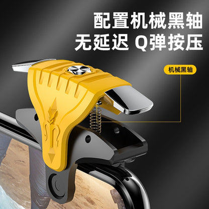 Buzzwake – Close-up of yellow trigger with visible metal spring and silver button, clamped onto a phone edge