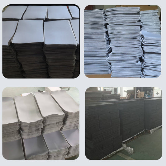 Griprub Rubber Mouse Pad – stacks of blank white-topped mouse pads with black rubber backs piled in a factory, four views