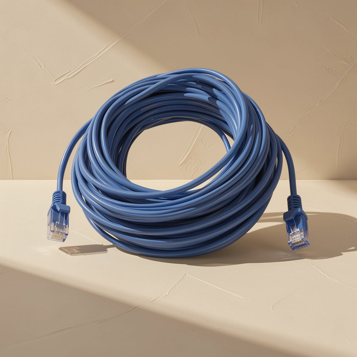 Twistline Cat 5e network cable in blue, a long length coiled in a loose bundle on a beige surface