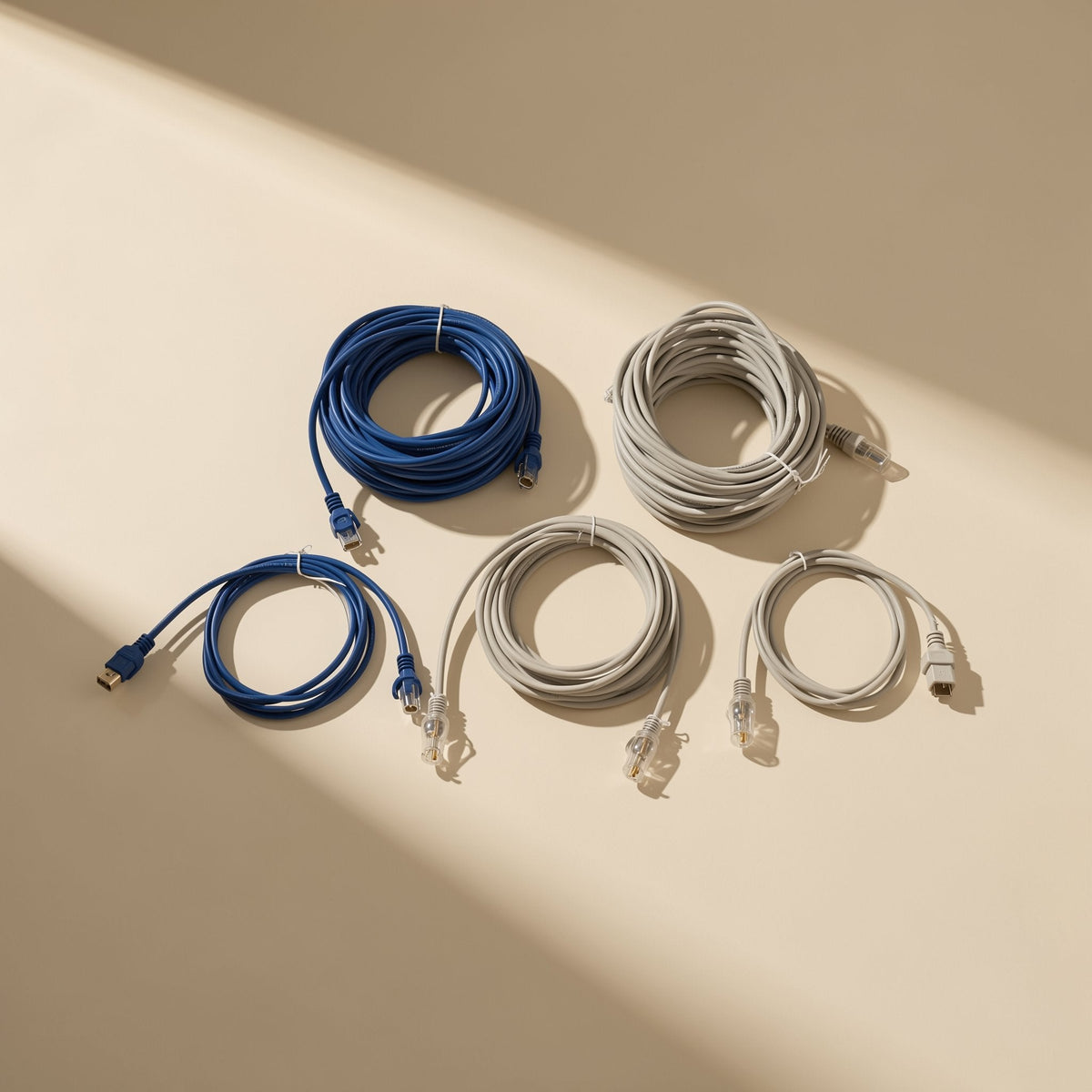 Twistline – Five coiled network cables in blue and grey laid out on a beige surface in sunlight