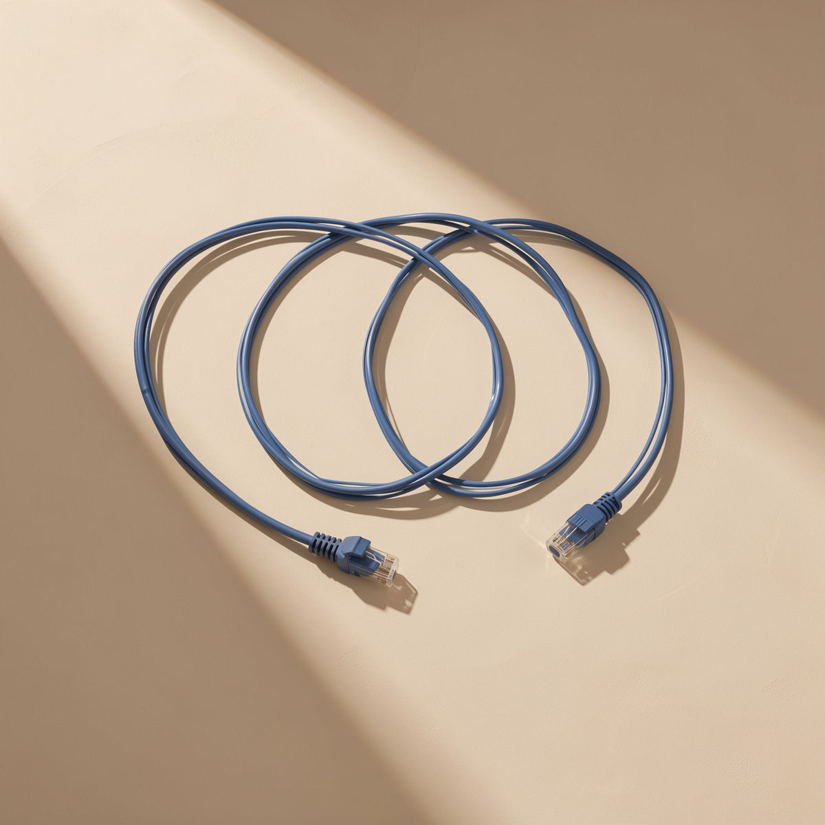 Twistline – Blue network cable in wide looping coils with connectors at both ends on a tan surface
