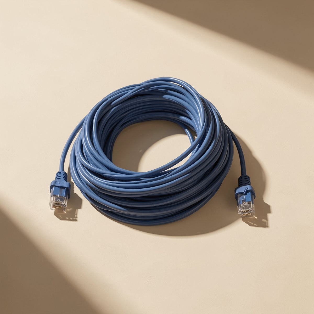 Twistline – Thick coil of blue network cable with a clear RJ45 connector at each end, shot from above