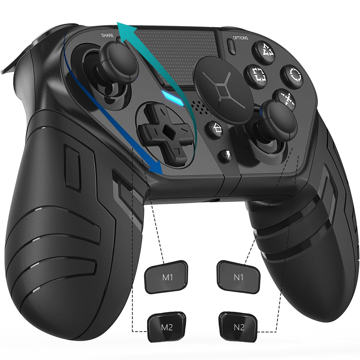 Holdwave – Black controller front view with four removable M1, M2, N1, N2 back button caps displayed below