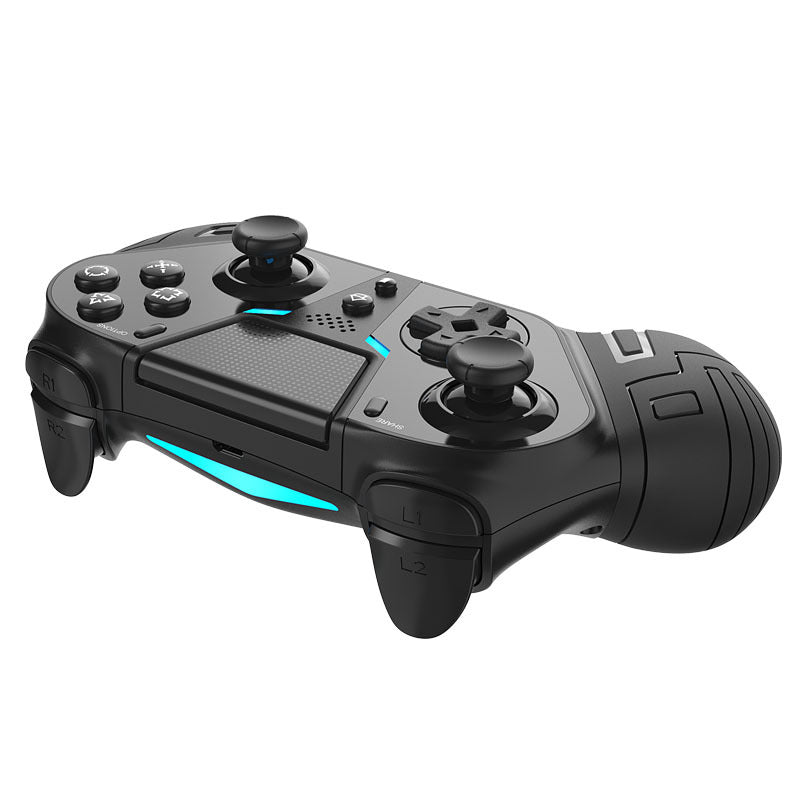 Holdwave – Black game controller from a three-quarter angle showing the touchpad, blue side light strips and shoulder buttons