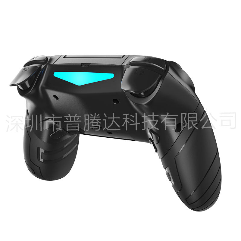 Holdwave Wireless Game Controller – rear angled view of the black controller with a glowing blue light bar and textured grips