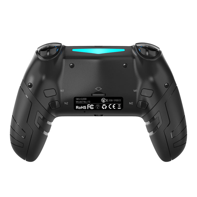 Holdwave – Back of the black controller showing N1, N2, M1, M2 paddles, label with SKU and model number, and blue light bar