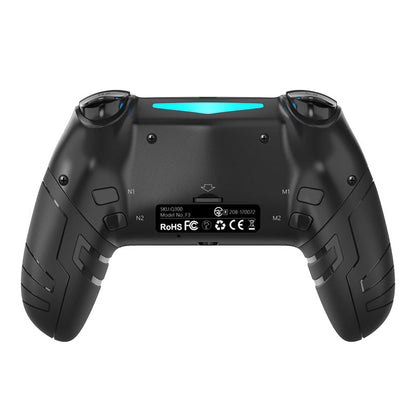 Holdwave – Back of the black controller showing N1, N2, M1, M2 paddles, label with SKU and model number, and blue light bar