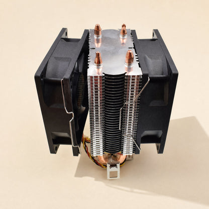 Fanclasp – Silver wire clips holding two black fans on either side of a CPU heatsink with copper heat pipes, top view