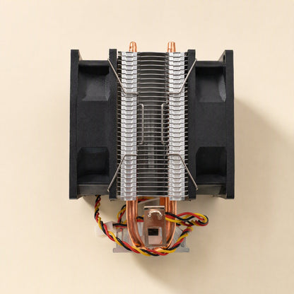 Fanclasp – Front view of a dual-fan CPU cooler with wire clips attached and colored fan cables hanging below