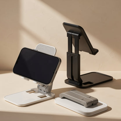 Deskease Alloy Desktop Phone Holder in white and black, one with a phone, one open empty, one folded flat