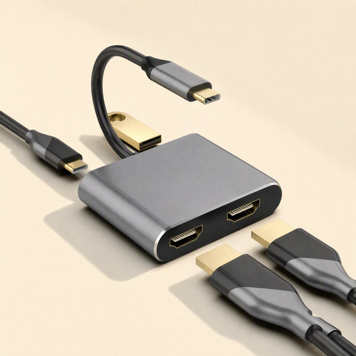 Twinview Type-C Dual HDMI Docking Station with USB-C cables, USB plug and two HDMI connectors shown unplugged