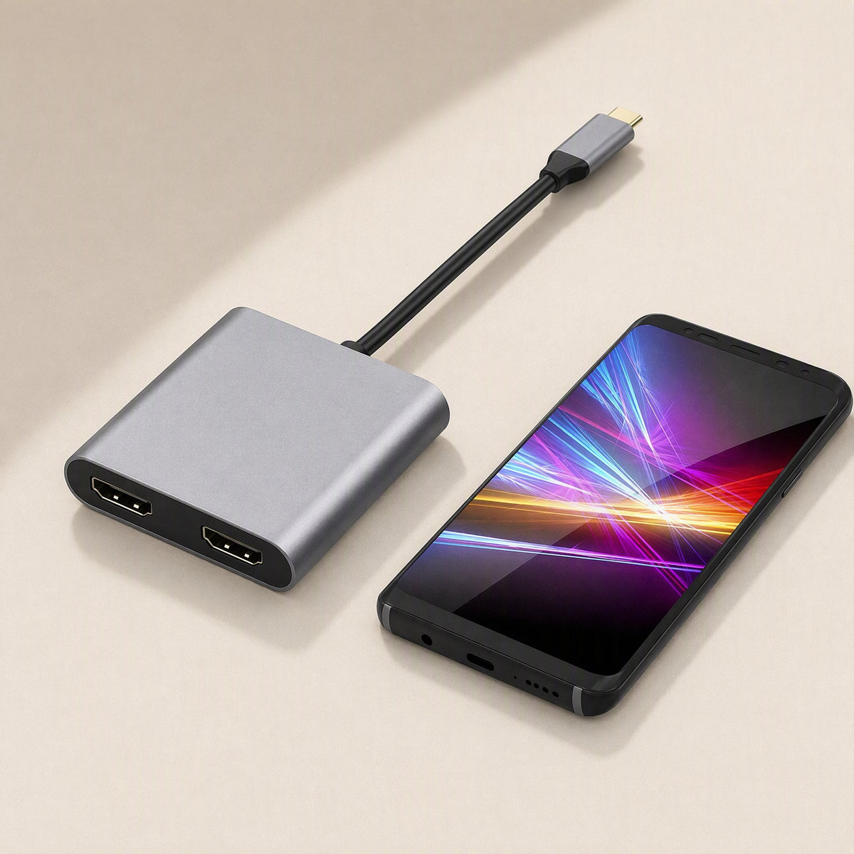 Twinview – Gray dual HDMI hub with USB-C cable lying beside a smartphone showing a colorful light-streak display
