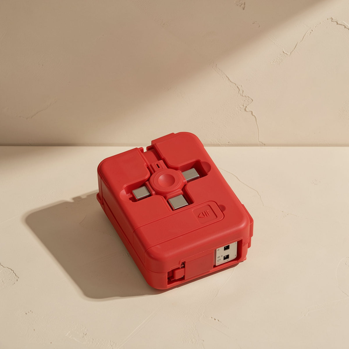 Trioflow – Red cable case from above, showing the cross-shaped connector tips and a USB plug on the side