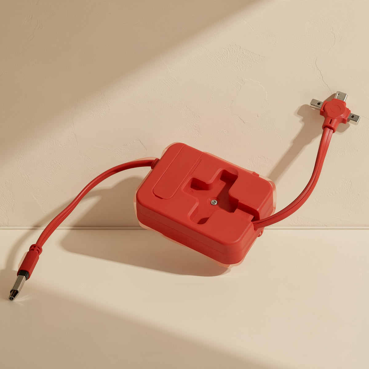 Trioflow – Red cable case with both cables pulled out, one with a single plug and one with a multi-tip end