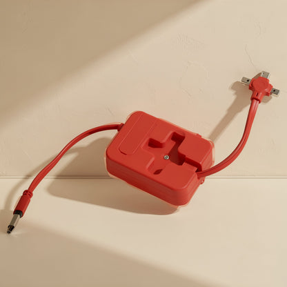 Trioflow – Red cable case with both cables pulled out, one with a single plug and one with a multi-tip end