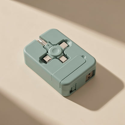 Trioflow – Sage green cable case angled from above, with connector tips arranged in a cross and a USB plug at the side