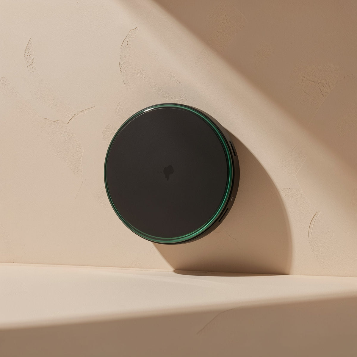 Voltflow Wireless Charger, a black round pad with a green rim, propped upright against a beige plaster wall