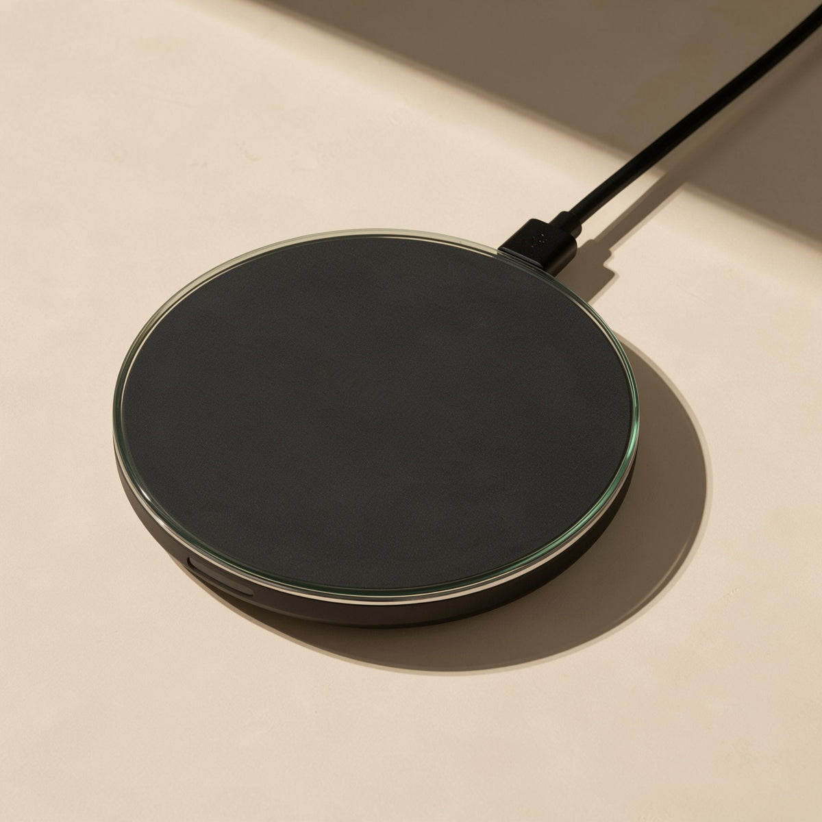 Voltflow Wireless Charger – black charging pad with a glass-edged top and attached black cable, lying flat in warm light