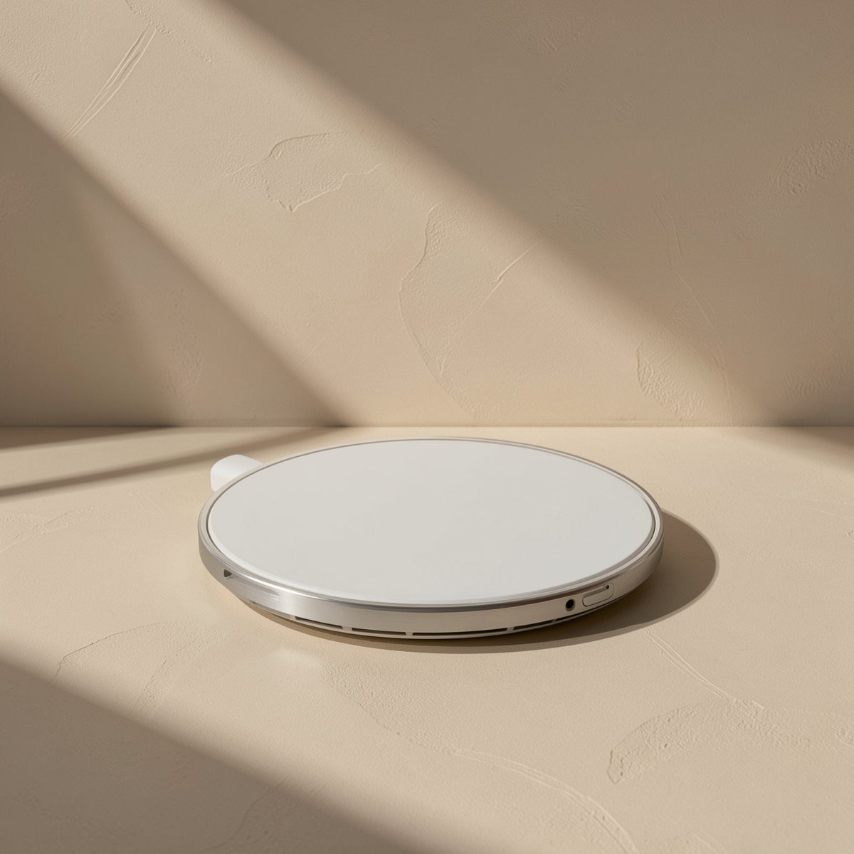 Voltflow – White version of the round charger with a silver rim and side vents, lying on a textured beige surface