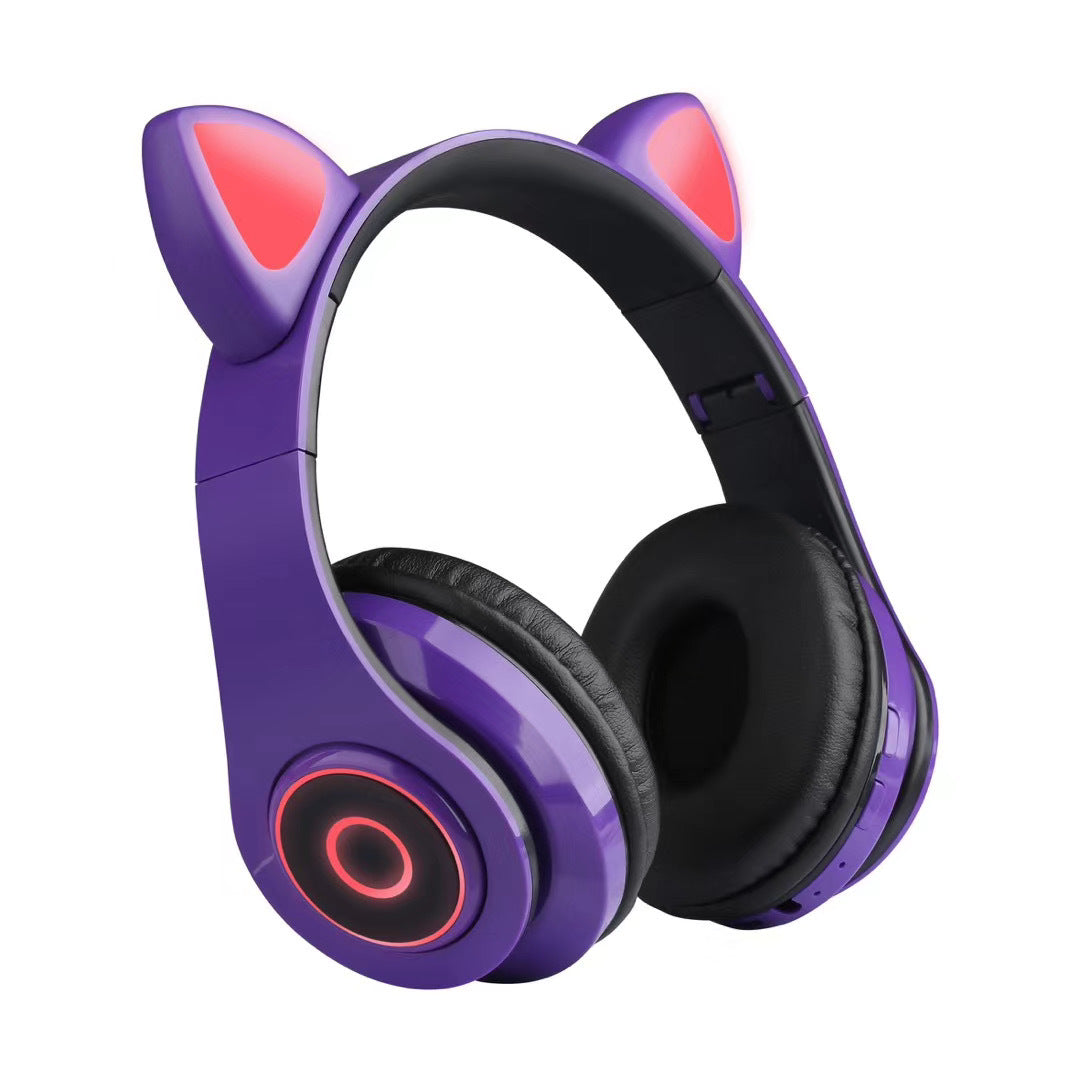 Purrtone – Purple cat ear headset with black ear cushions and red glowing ears and earcup ring, angled view