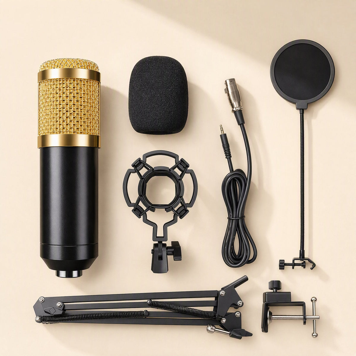 Micmellow condenser microphone in black and gold with shock mount, pop filter, cable, boom arm and clamp