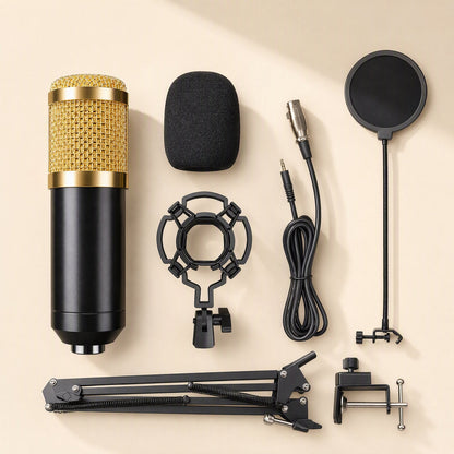 Micmellow condenser microphone in black and gold with shock mount, pop filter, cable, boom arm and clamp