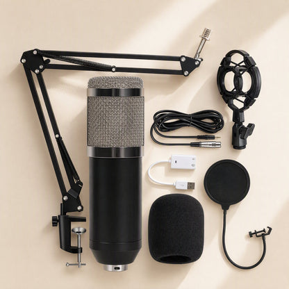 Micmellow – Black microphone with silver mesh grille, boom arm, shock mount, pop filter, foam cover and USB sound card