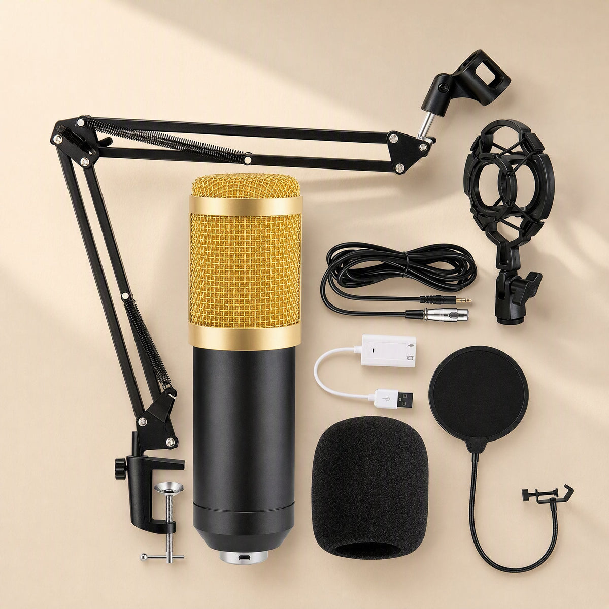Micmellow – Black and gold microphone set with scissor arm, shock mount, pop filter, foam cover and USB sound card