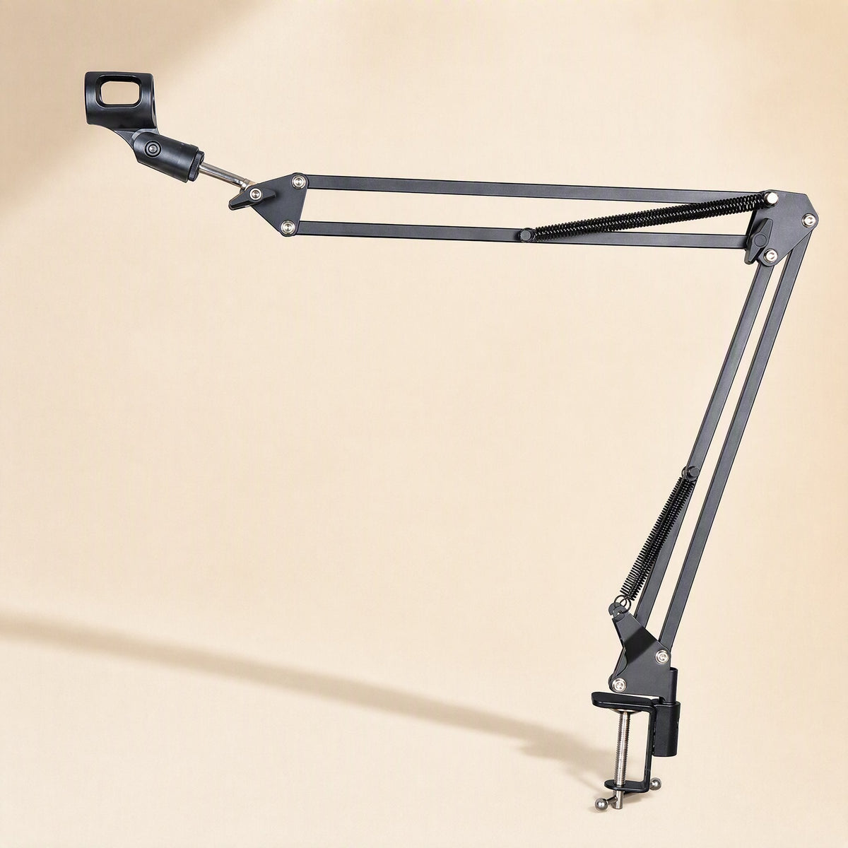 Deskarm – Side view of the microphone stand arm reaching left with spring supports and clamp at the base