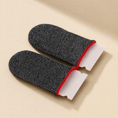Silvertouch Silver Fiber Touch Screen Finger Sleeves, a pair in black and silver weave with red trim on white cards