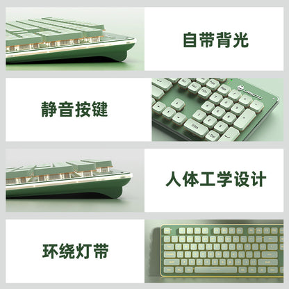 Hushkey – Four close-up panels of the green keyboard showing side profile, numeric keypad and glowing light strip