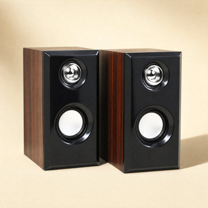Woodtone Wooden USB Computer Speakers, front view of a pair with glossy black faces and walnut wood sides