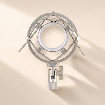 Micbuffer Condenser Microphone Shock Mount in silver, front view of the round frame and white-lined ring