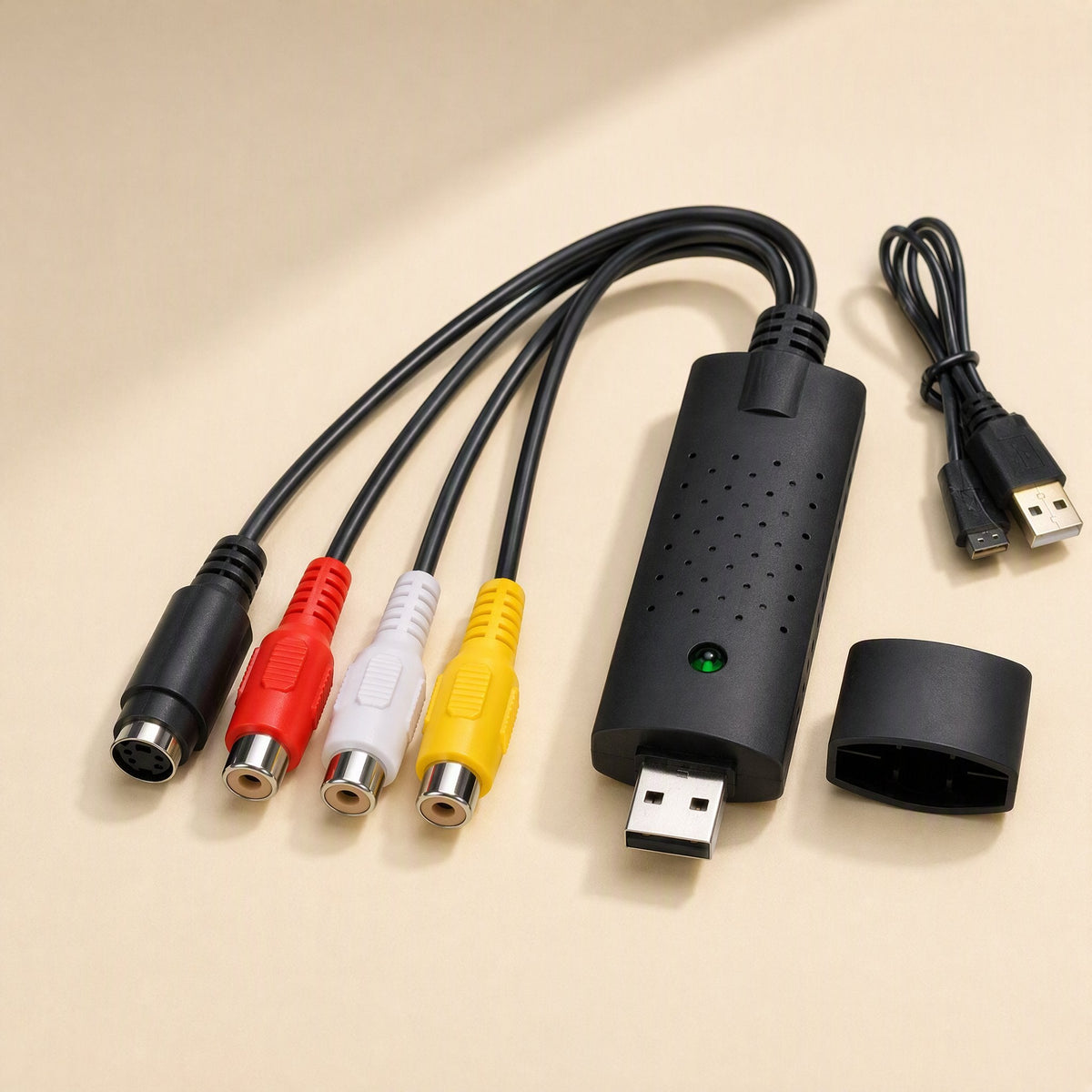 Videolink USB Video Capture Card with RCA and S-Video cables, USB extension cable and protective cap