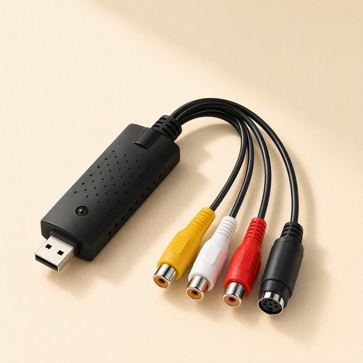 Videolink – Capture card seen from the USB end, with yellow, white and red RCA jacks and a black S-Video plug