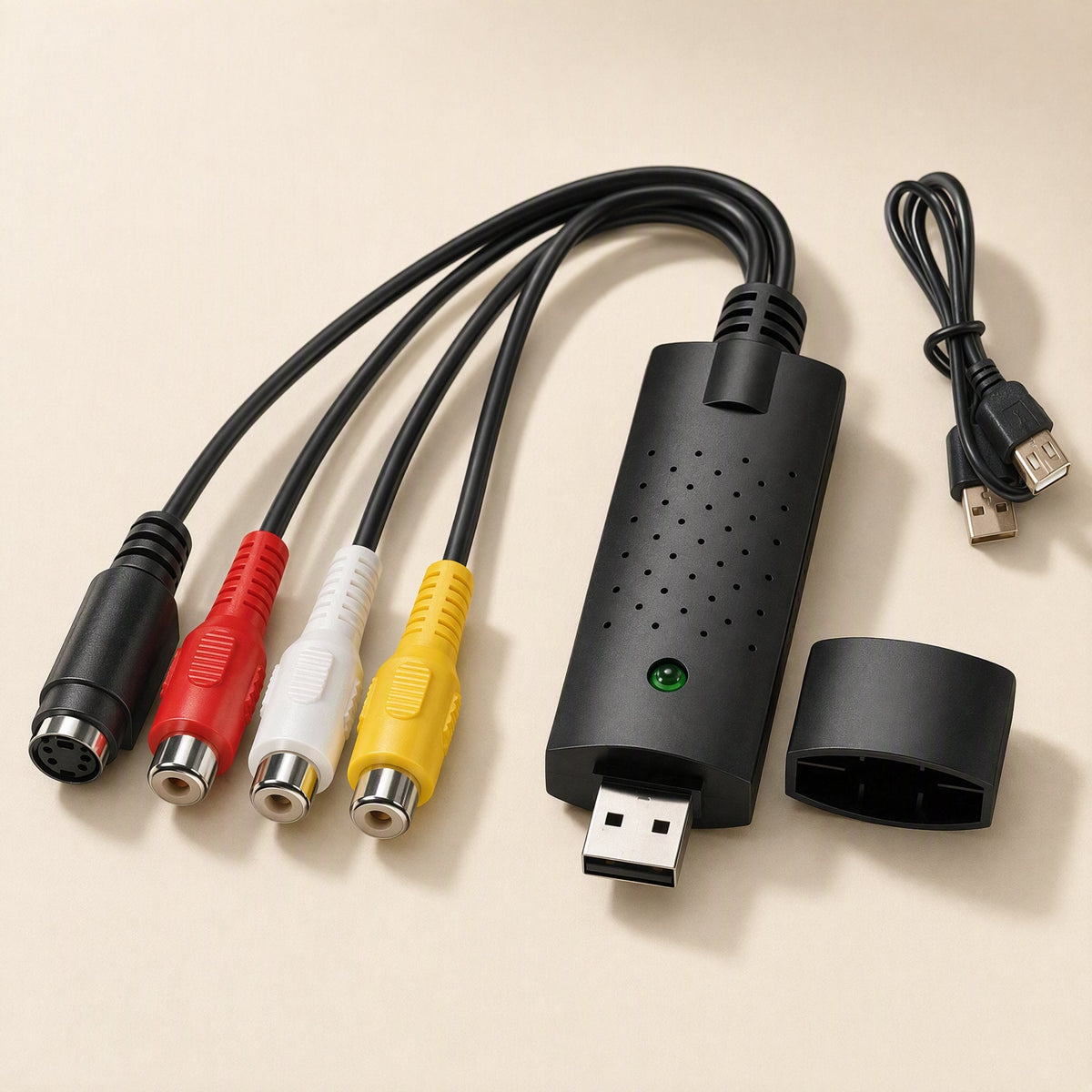 Videolink – Angled close view of the capture card, USB plug, ventilated body, extension cable and black end cap