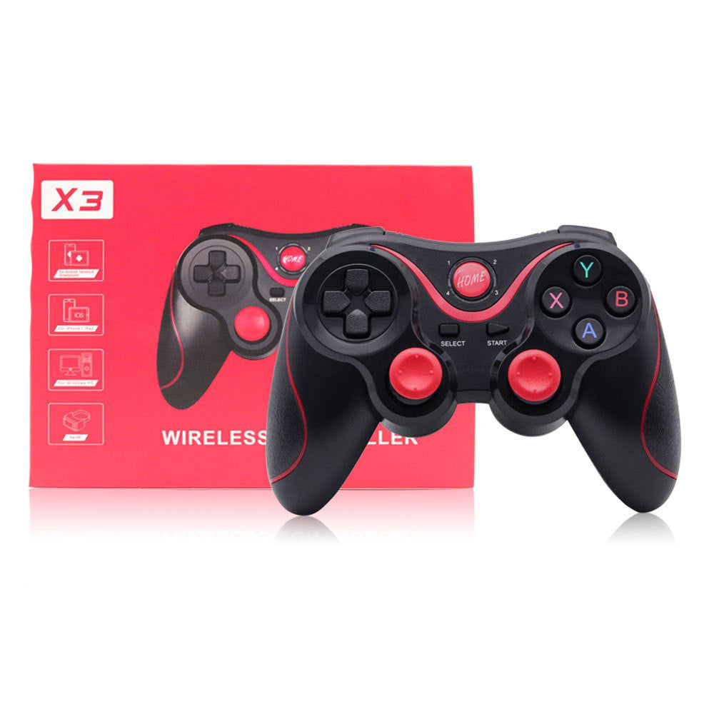 Playbind Bluetooth Mobile Phone Game Controller in black and red beside its red X3 retail box