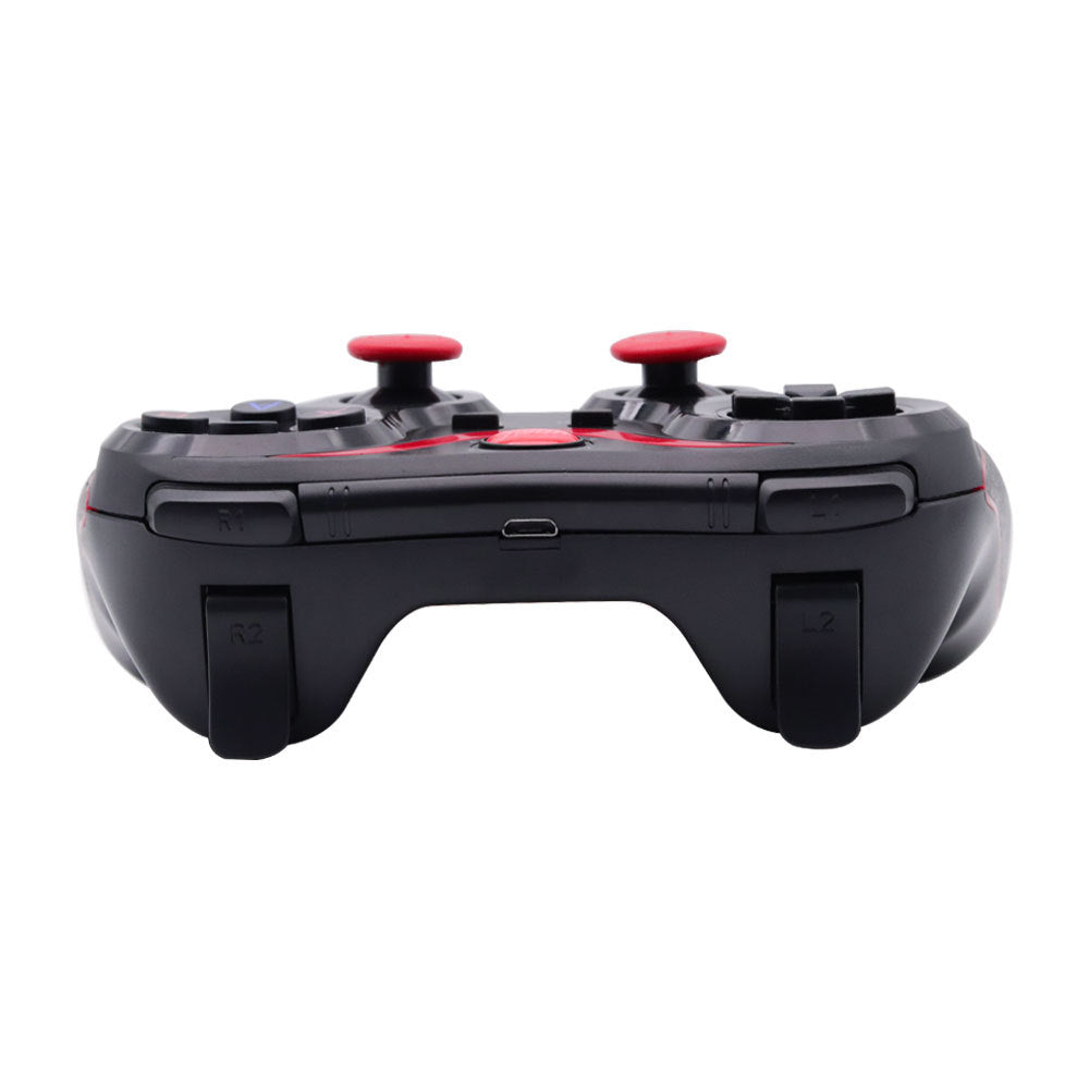 Playbind – Rear view of the controller showing red thumbsticks, L1 and R1 bumpers, L2 and R2 triggers, and USB port