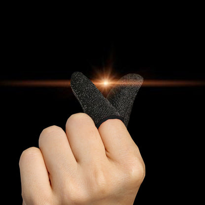 Flickset Chicken Finger Gaming Gloves, two black silver fiber sleeves on a raised index finger and thumb