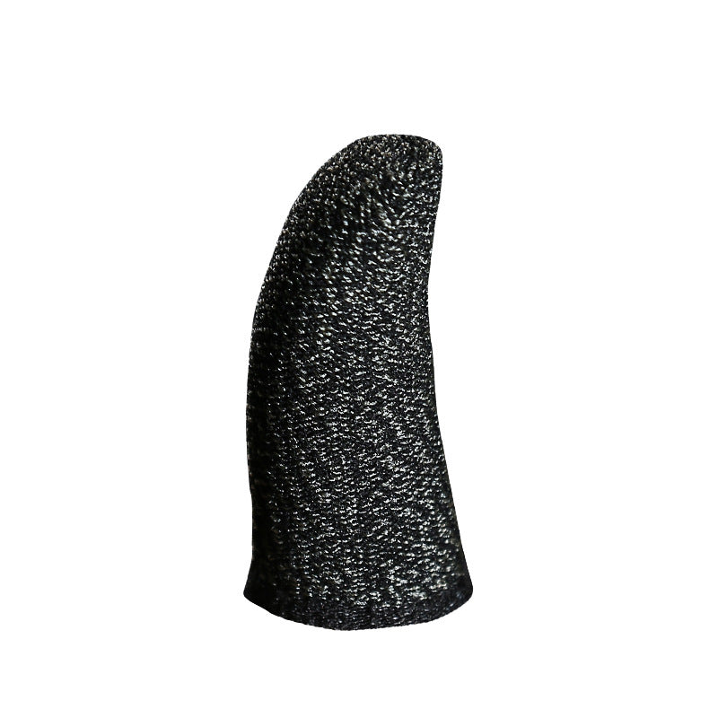 Flickset – Single black silver fiber finger sleeve shown close up on a white background, speckled knit texture