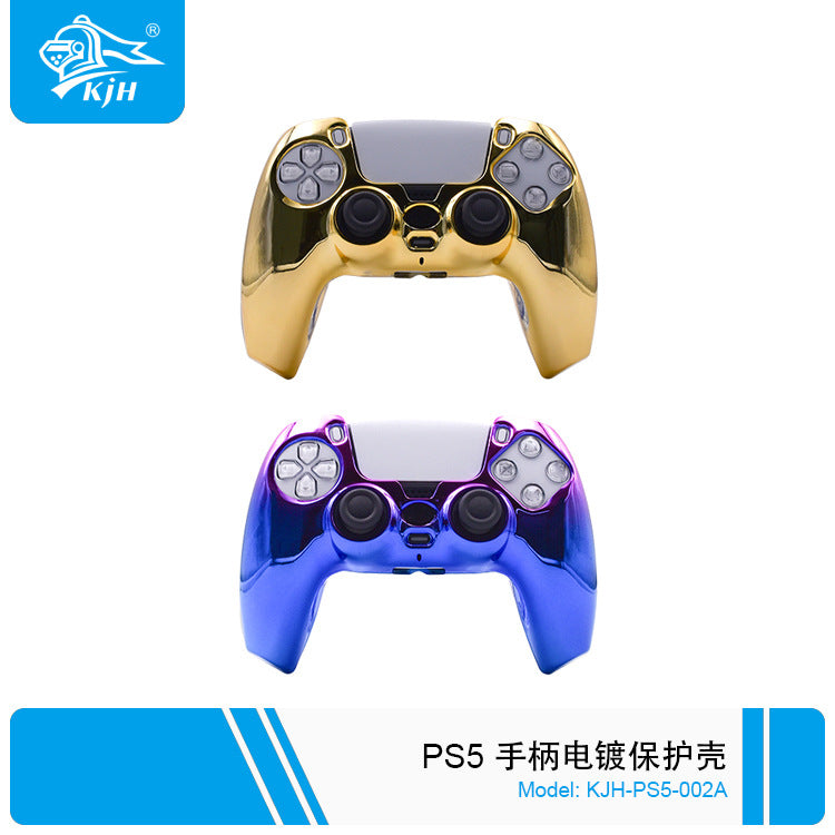 Gripshell PS5 Controller Protective Case in chrome gold and blue-purple gradient fitted on two controllers