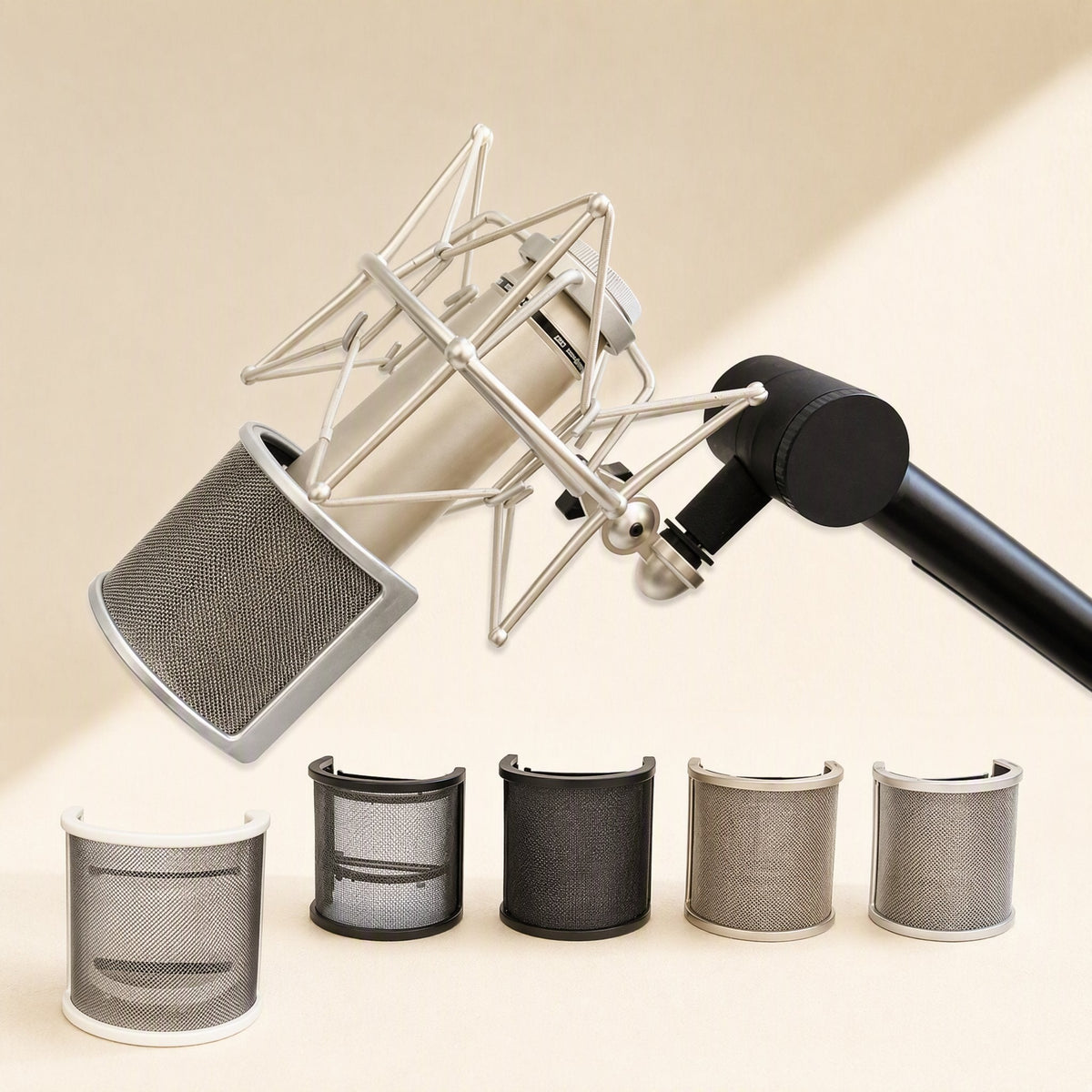 Curvecatch U-Shaped Microphone Pop Filter in five colors below a condenser mic on a boom arm