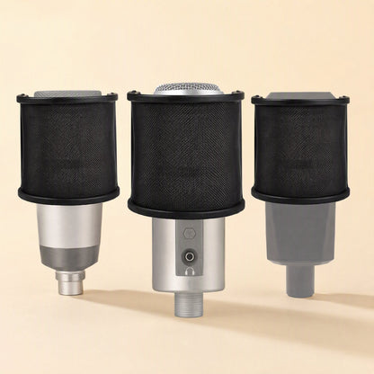 Curvecatch – Three black pop filters fitted around different condenser microphones, shown side by side