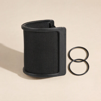 Curvecatch U-Shaped Microphone Pop Filter – black U-shaped pop filter with two black rubber O-rings beside it